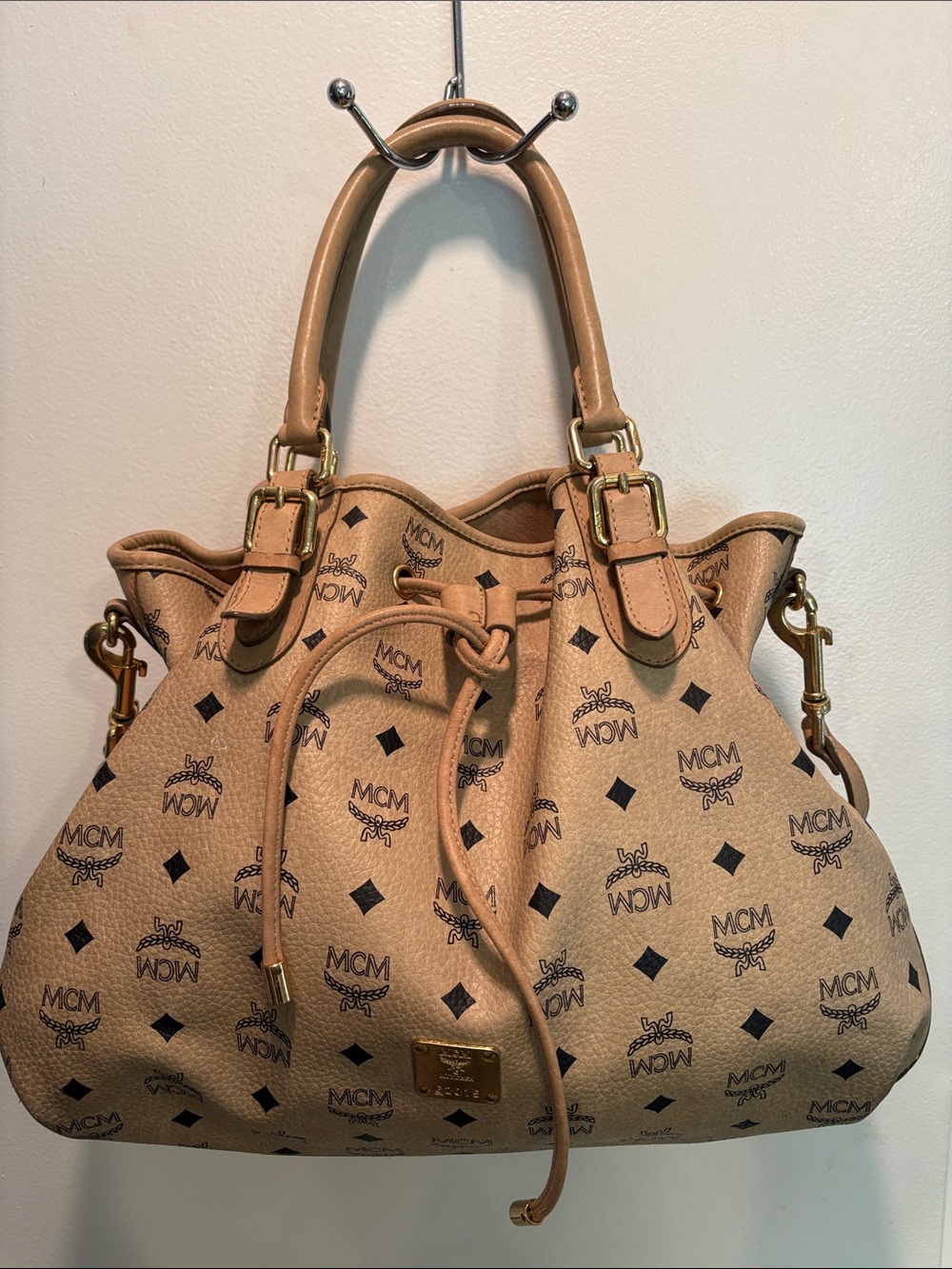 MCM Tan Visetos Drawstring Shoulder Bag with Black Logo Print